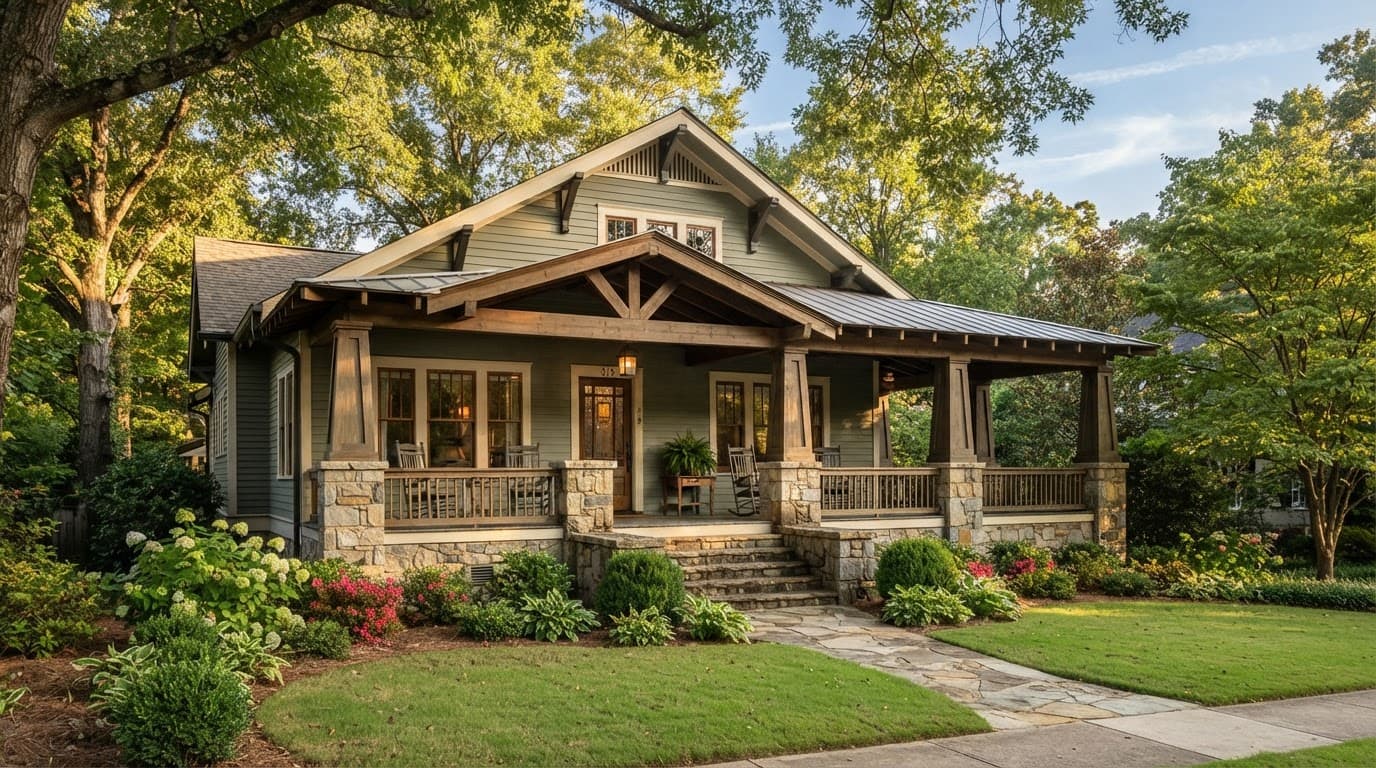 Older home exterior in Roswell Georgia with mature trees and classic architectural details