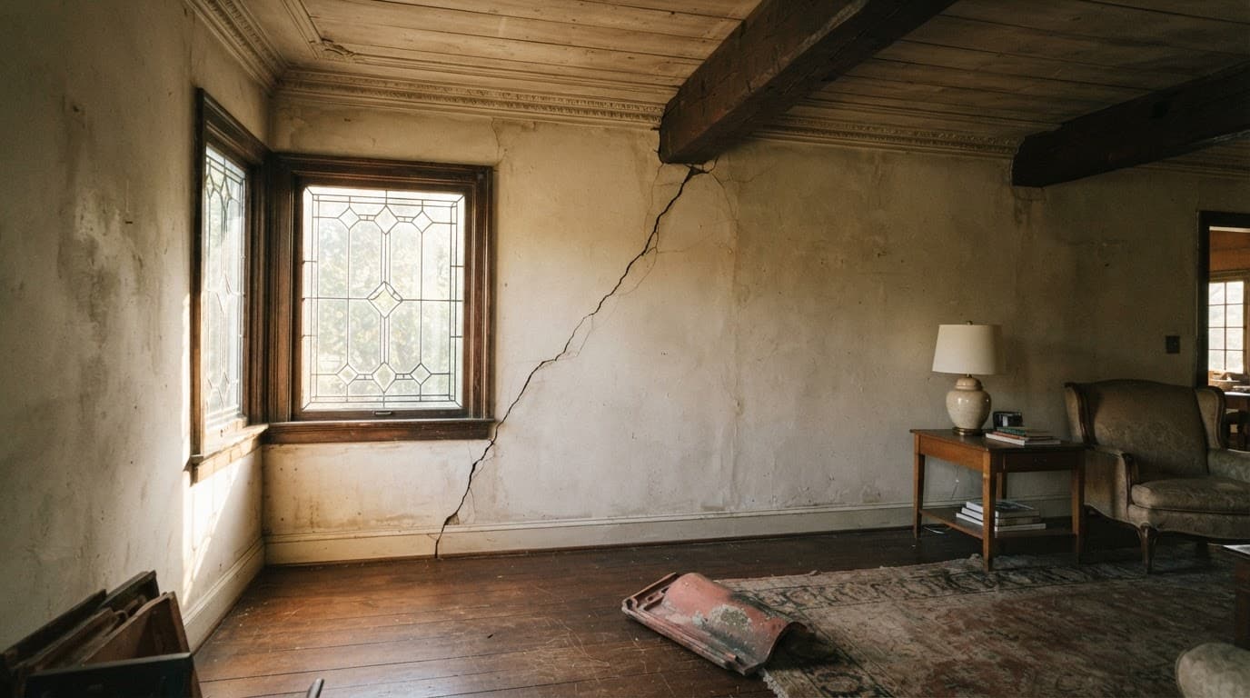Inspection view of older home wiring plumbing and roofing components for insurance review